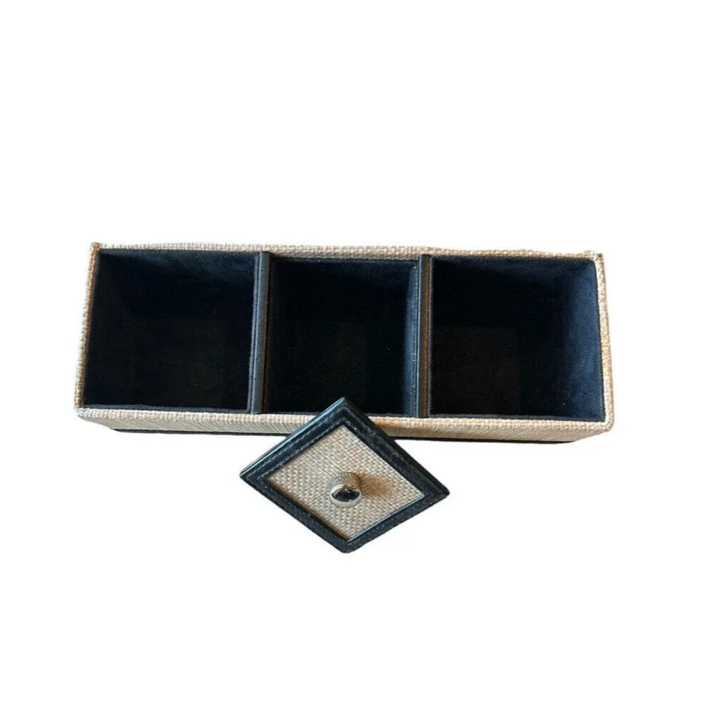 3 Compartment Woven Trinket Box Faux Leather Trim Velour Lined